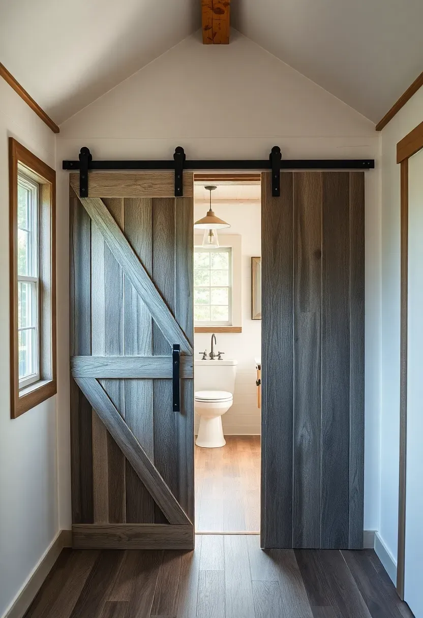 Hyper-realistic straight-on view of rustic barn door sliding on track in tiny house. Door constructed from reclaimed barn wood with Z-pattern framing, exposed iron sliding hardware above. Partially open to reveal bathroom beyond. Materials: weathered gray barn wood, black iron track and hardware, white walls, wide-plank floor. Ambient light from window highlighting wood texture and metal details. Shallow depth of field showing wood grain and hardware. Authentic barn door rustic mood.</p>