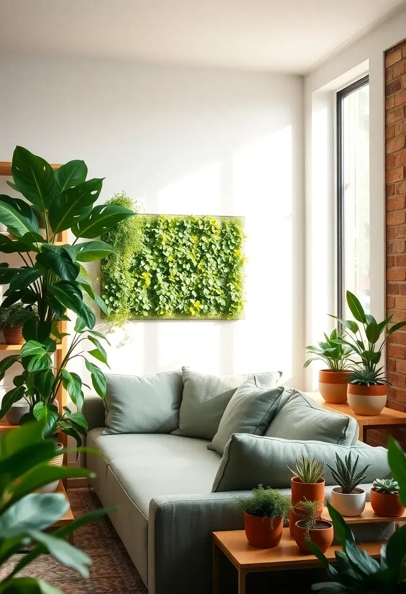 Bright living room filled with indoor plants of various sizes, a living wall behind the sofa, natural wood shelves, and sunlight streaming through large windows