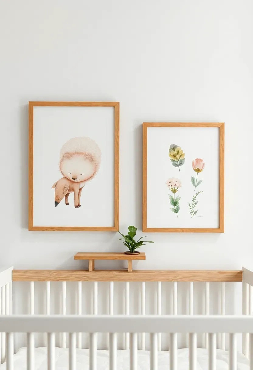 nursery art print collection with animals and flowers in pink and gold frames