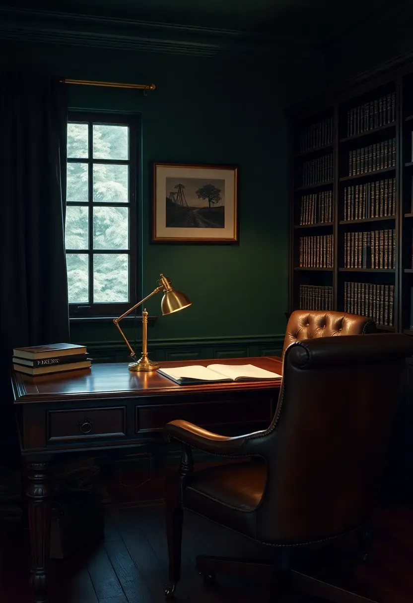 Dark moody home office with forest green walls, mahogany desk, brass banker's lamp and shelves of books in warm shadow