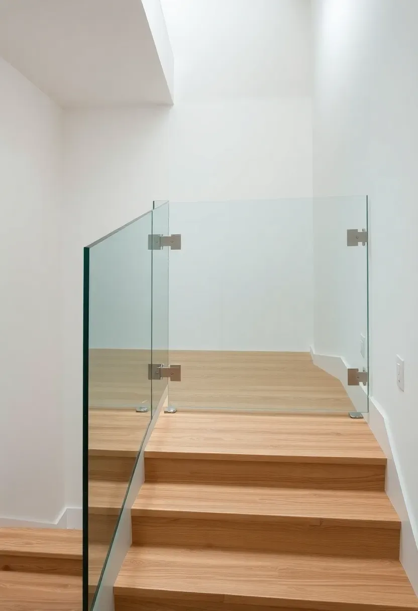 Basement staircase with frameless tempered glass panel railing and stainless steel clamps on white oak treads