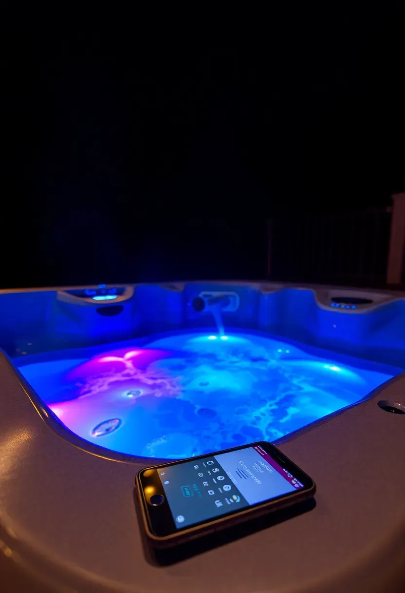 A modern hot tub at night with color-changing LED underwater lights glowing blue and purple with a smartphone controlling the settings nearby