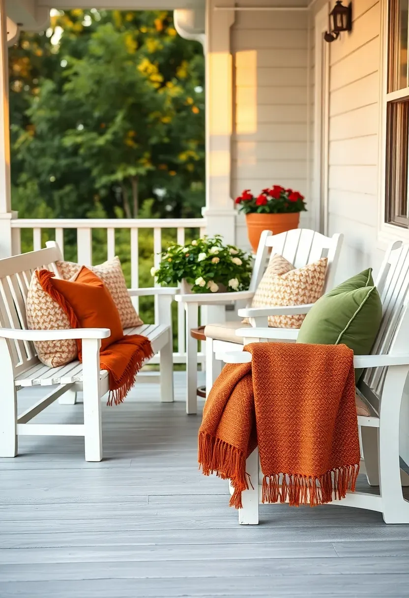 Porch seating area with coordinated throw pillows in terracotta, sage, and cream on a white bench and chairs