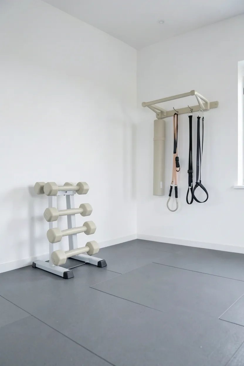 Slim-profile adjustable dumbbells, resistance bands, and foldable cardio equipment in a small gym room — space-saving compact fitness gear for apartments