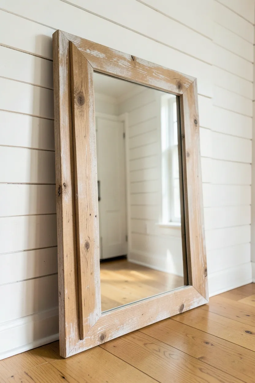Rustic reclaimed wood-framed mirror leaning against a white wall in a minimalist farmhouse living room