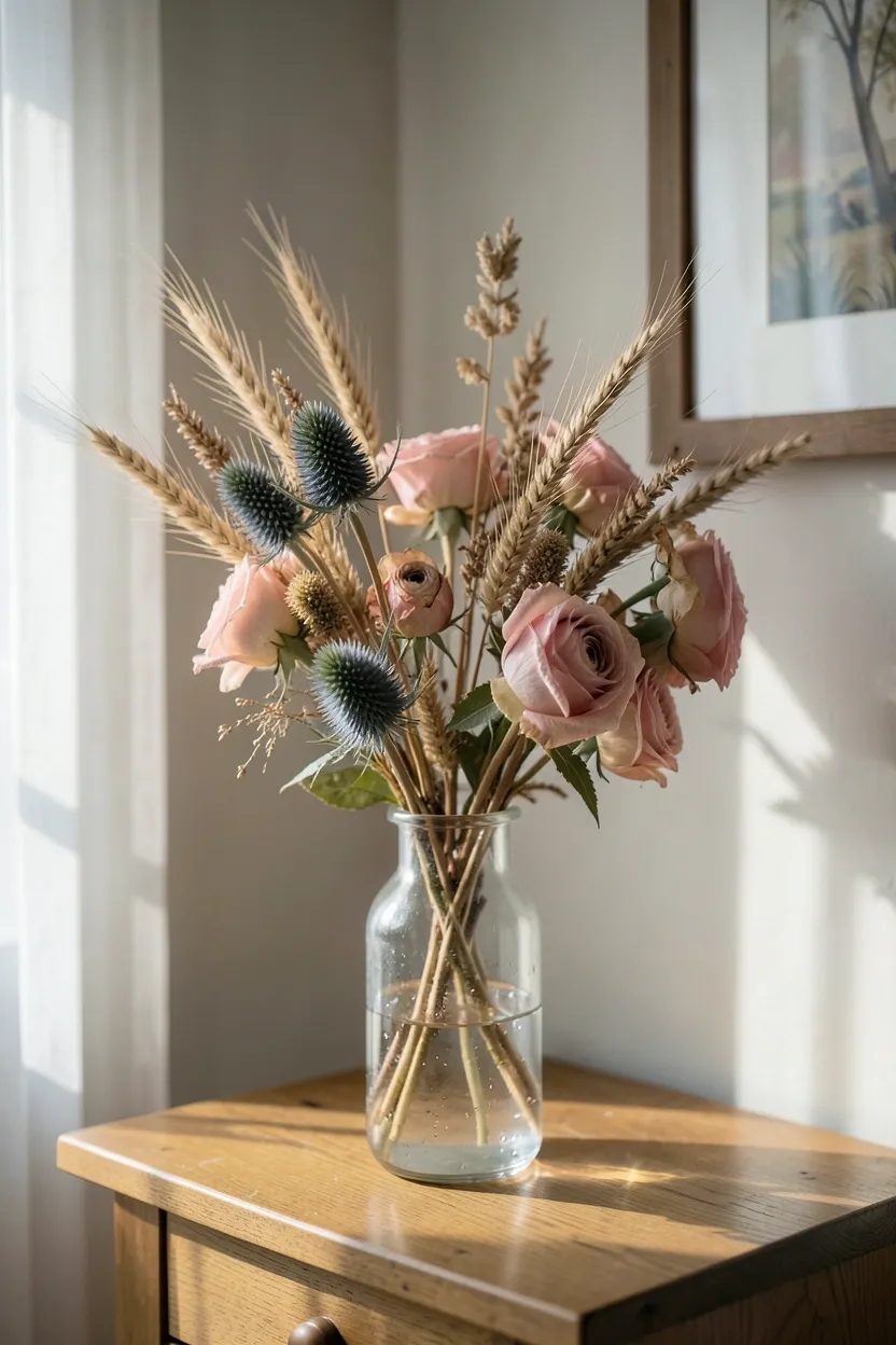 Hyper-realistic slightly elevated casual perspective of dried flower arrangement in clear glass vase on wooden side table. Arrangement includes dried globe thistle, bunny tails grass, faded pink roses, and dried wheat stalks in natural muted tones. Vase shows slight water spots from previous fresh flowers. Soft morning light filters through sheer curtains, creating gentle shadows through dried stems onto table. Part of wall and framed art visible in background. Materials: dried botanicals, clear glass, wood. Natural elegant mood. Sharp dried flower details, shallow depth of field, organic composition. No text, no logos, no watermarks.