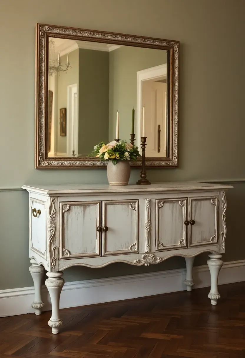 Distressed mirrored sideboard with antiqued glass panels and ornate carved legs in a shabby chic dining room