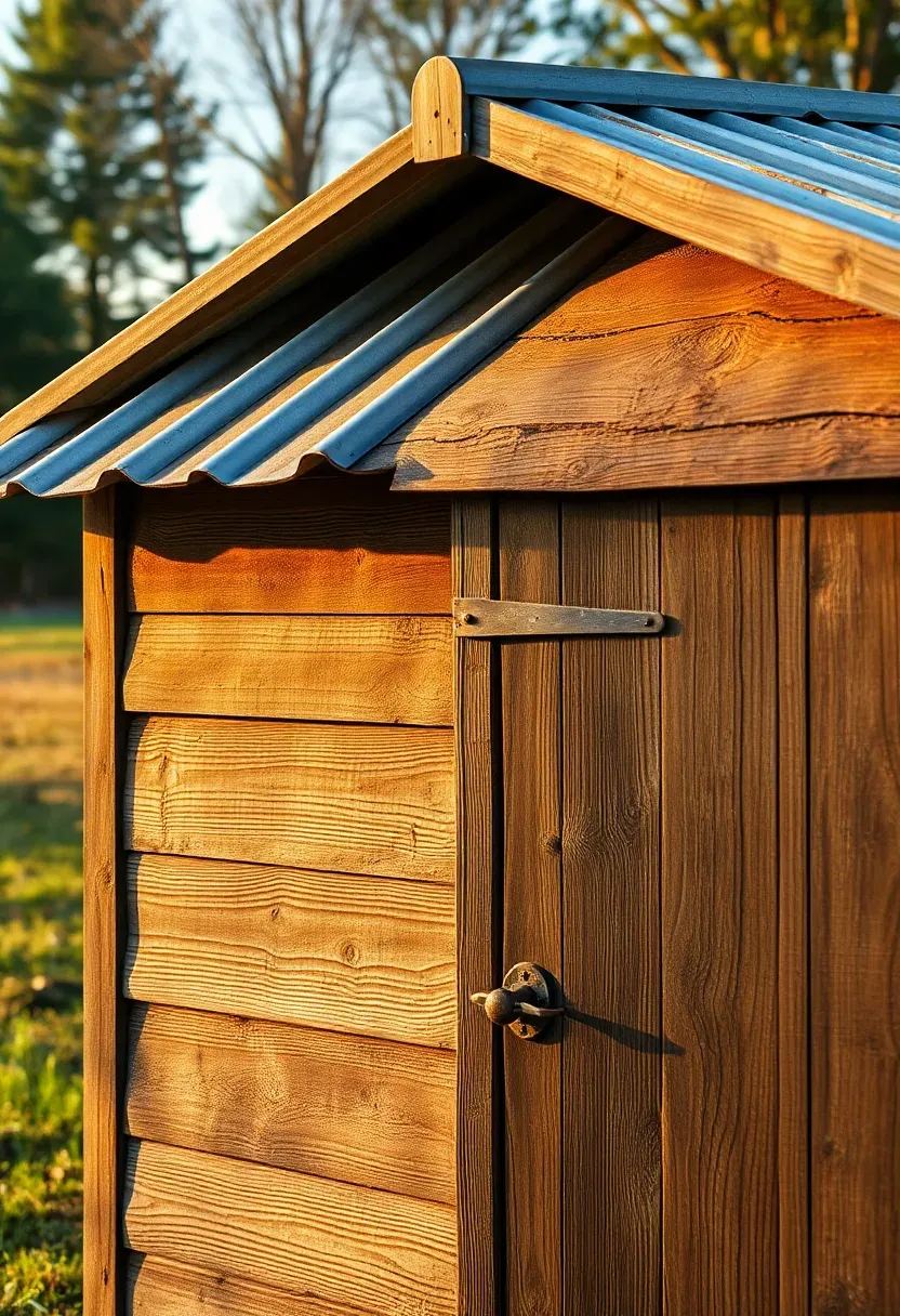 A rustic shed built from weathered reclaimed barn wood with a corrugated tin roof and an old iron door handle