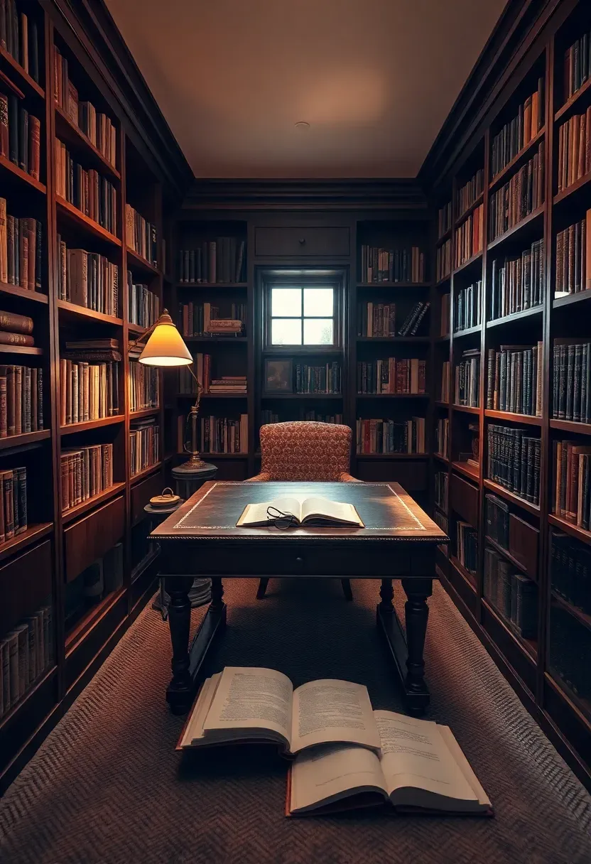 Floor-to-ceiling built-in bookshelves flanking a central desk area in a basement office with warm reading lamps