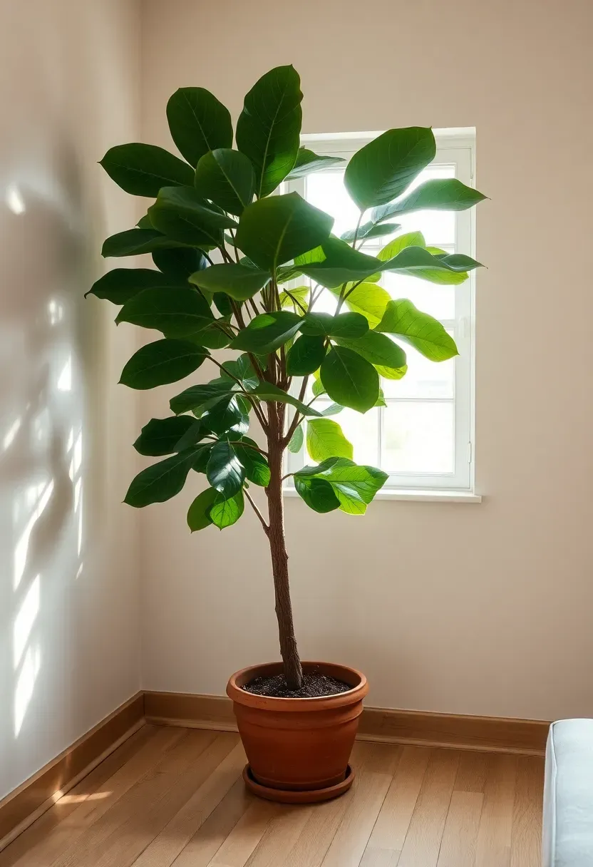 Hyper-realistic corner view of large fiddle leaf fig tree in rustic minimalist living room near window. Materials: tree with substantial trunk and large glossy leaves, simple terracotta pot, light oak floor, cream walls, window with soft daylight. Composition showing plant as living sculpture in corner. Natural shadows through leaves. No text, no logos, interior lifestyle magazine style.</p>
