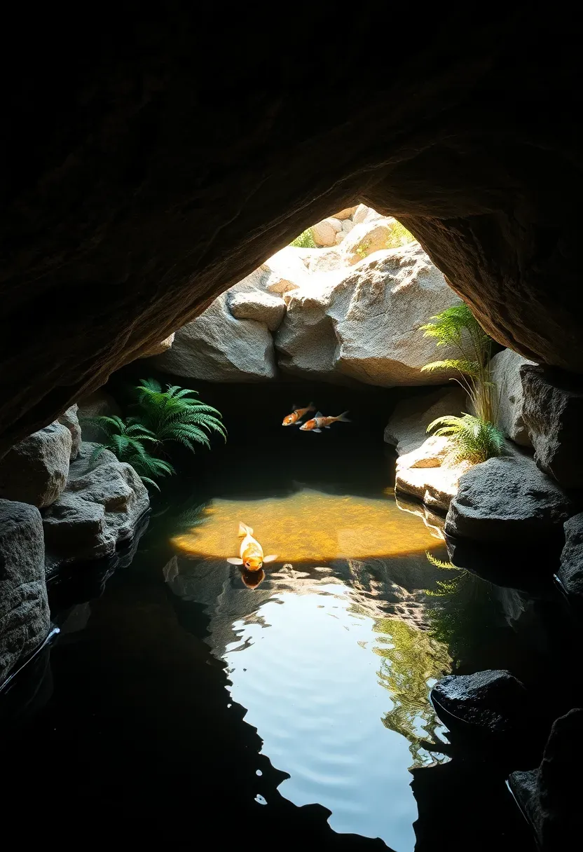 Koi pond with a dramatic rock grotto overhang creating a shaded cave-like area where koi can shelter