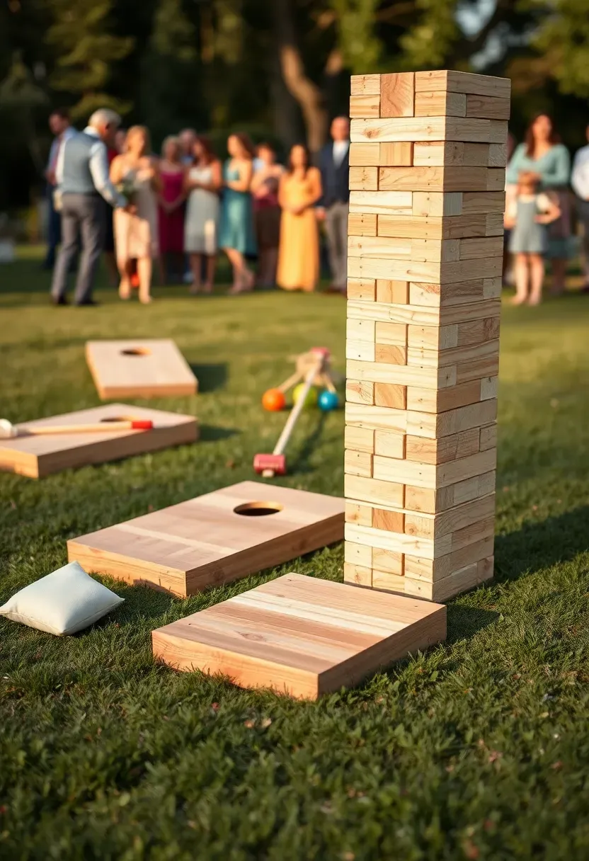 Lawn games set up on a backyard wedding lawn including cornhole, croquet, and giant Jenga with guests playing in the background