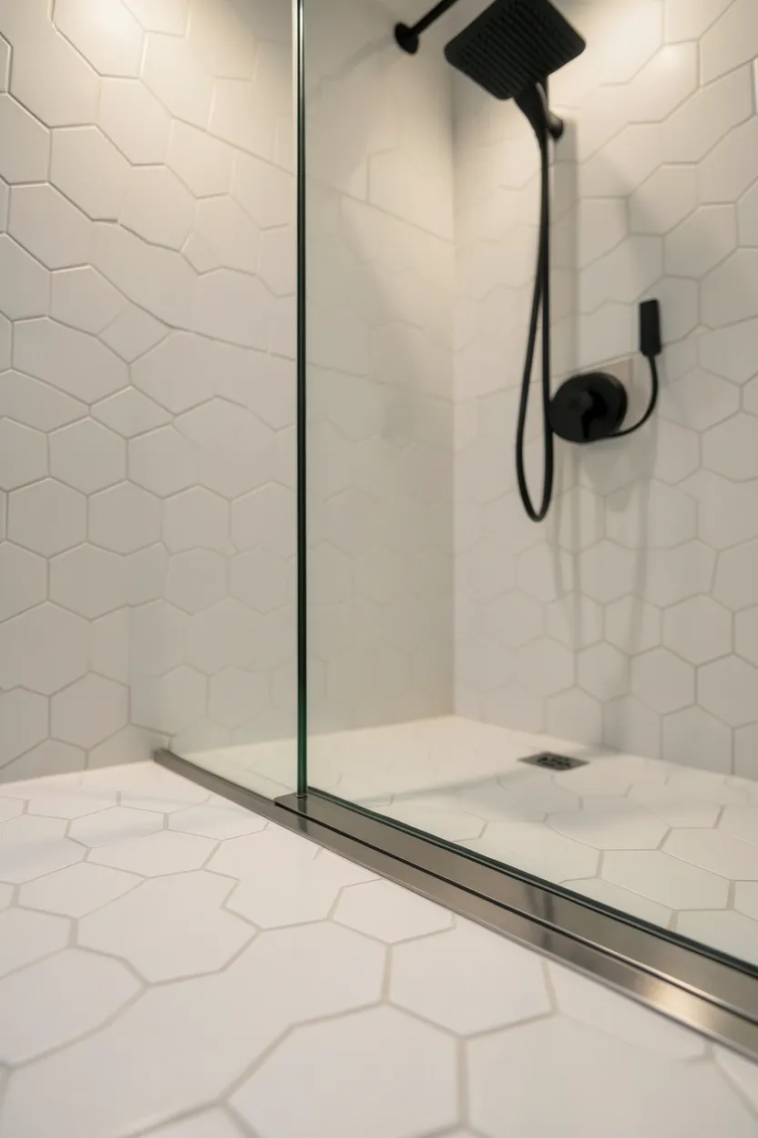 Polished stainless steel linear drain in a frameless glass shower with large hexagonal tile floor and matte black fixtures