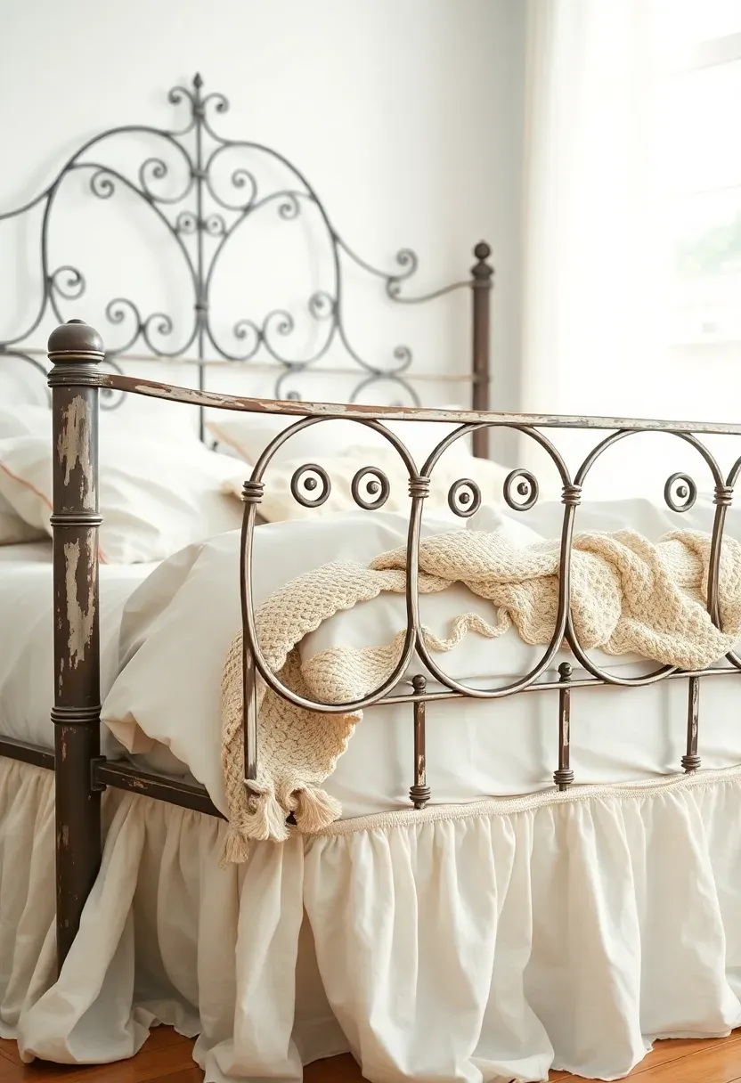 Whitewashed ornate iron bed frame with scrollwork headboard dressed in white linen bedding in a bright airy bedroom