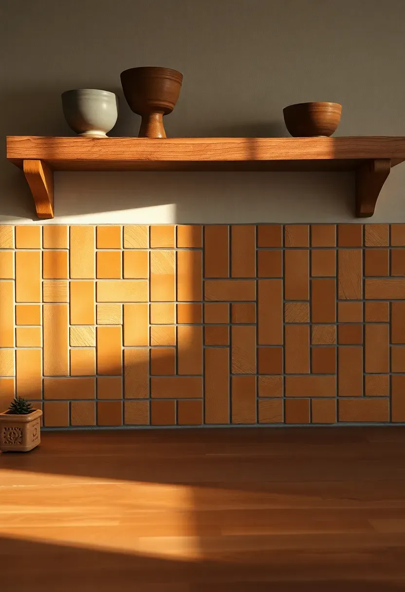 handmade ceramic tile backsplash in warm terracotta and cream tones with visible brush marks in a rustic kitchen