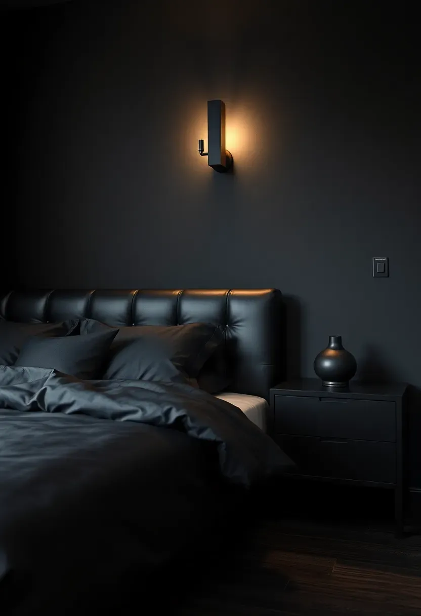 all-black monochromatic masculine bedroom with leather headboard and dark walls