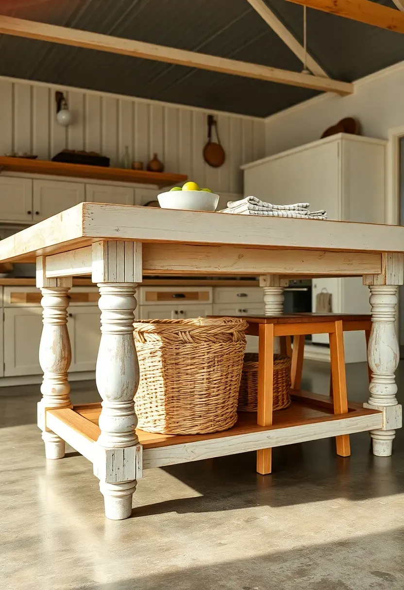 large antique farmhouse wood table used as a kitchen island in a barndominium with stools