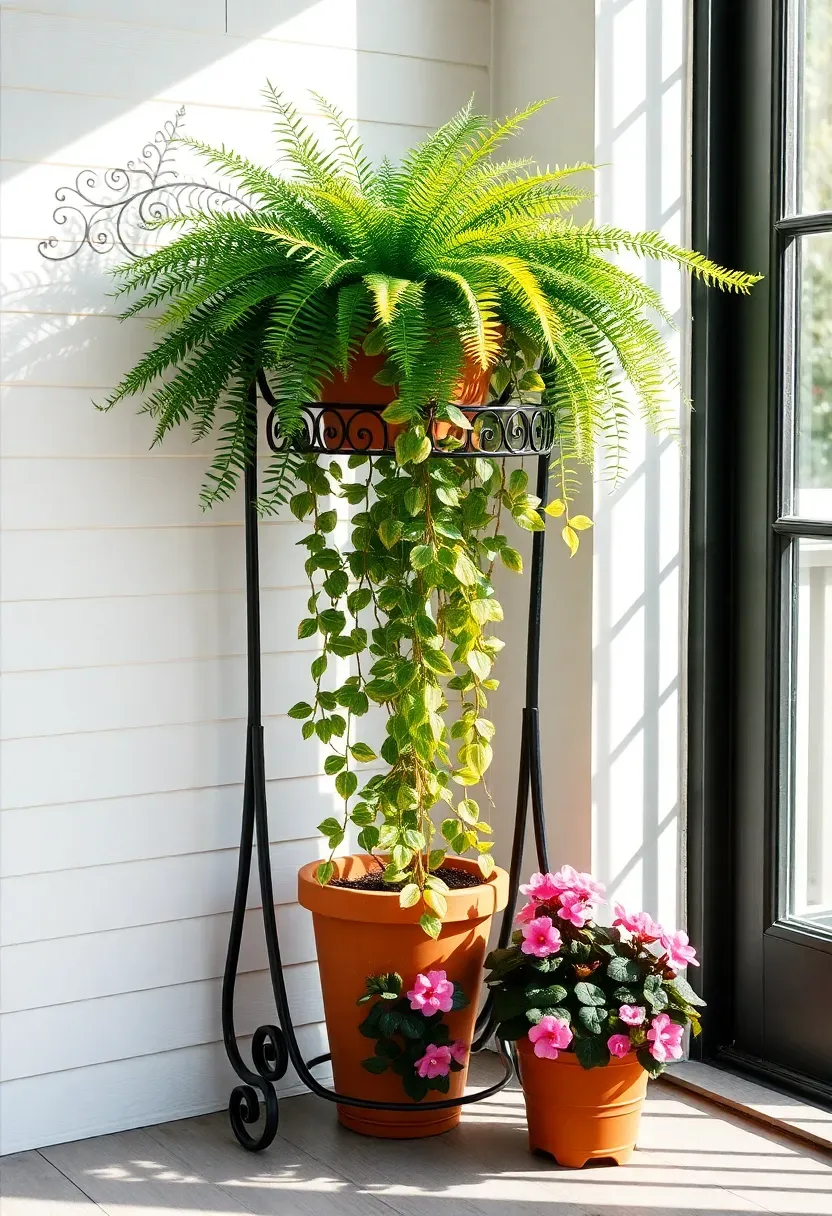 Three-tiered metal plant stand with cascading ferns, trailing pothos, and flowering begonias on a sunny porch corner