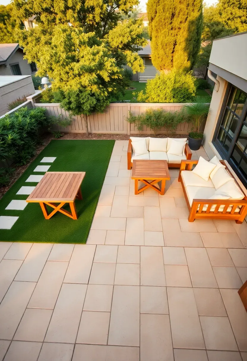 A backyard divided into two zones with a paver dining area holding a table and chairs adjacent to a turf lounging area with low outdoor sofas and cushions