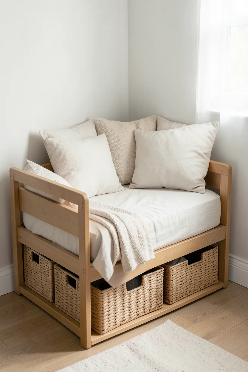 Minimalist white nursery corner with matte black accents including a bassinet, white floating shelves with black brackets in a master bedroom