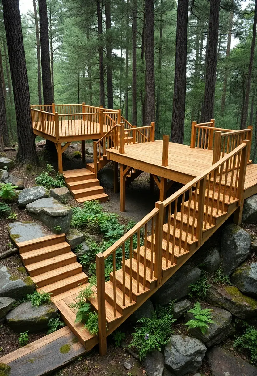 Multi-level timber deck cascading down a hillside with three staggered platforms connected by wooden stairs surrounded by trees and native plants