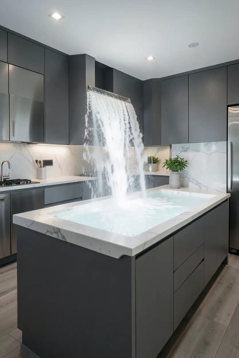 Gray kitchen island with white marble waterfall sides and pendant lights in a spacious modern open-plan kitchen
