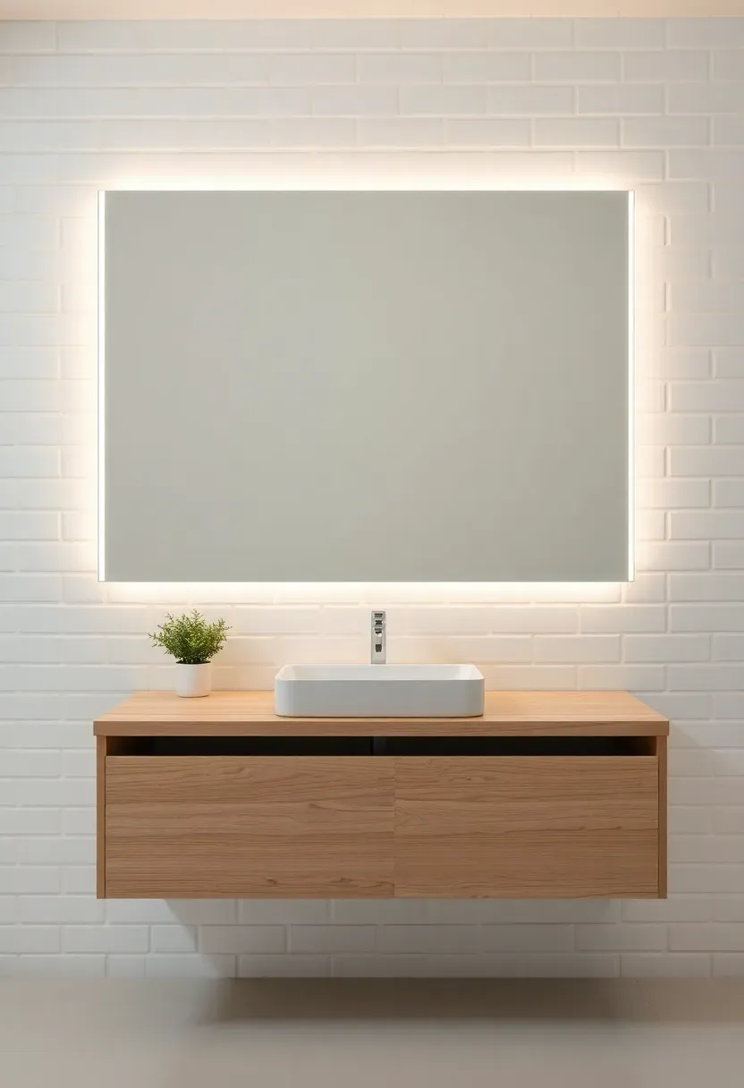 Hyper-realistic front view of large rectangular mirror with integrated LED edge lighting, light oak floating vanity below with matte white sink, white subway tile walls. Materials: silvered mirror glass, LED strip diffused behind frosted channel, white oak vanity, matte ceramic sink, white tile. Warm soft white light (3000K), creamy neutrals with clean reflections. Modern minimalist mood, sharp mirror detail, balanced composition. Vertical 2:3 framing. No logos.</p>
