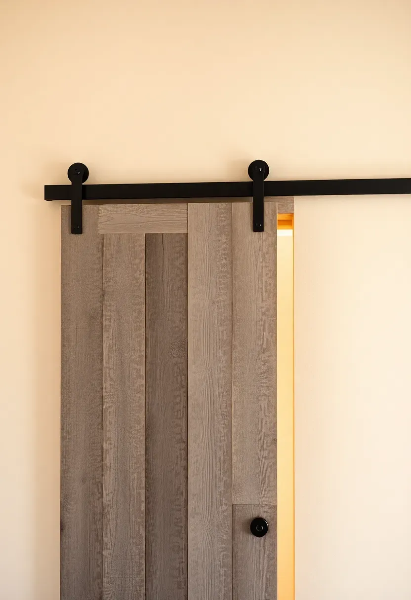 Reclaimed pallet wood barn door with visible nail holes and grain variation mounted on a black iron track over a bedroom closet
