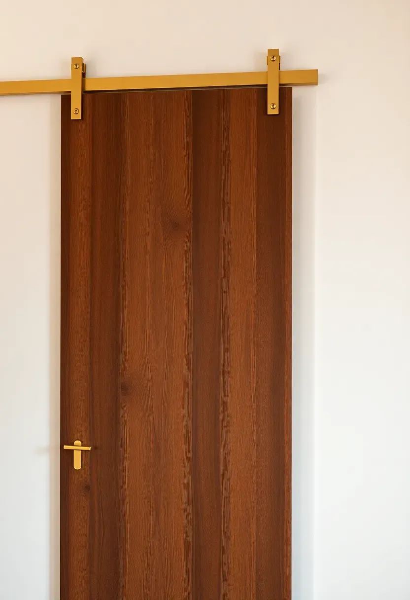 Flat panel mid-century modern barn door in walnut finish with minimal brass hardware on a bedroom closet