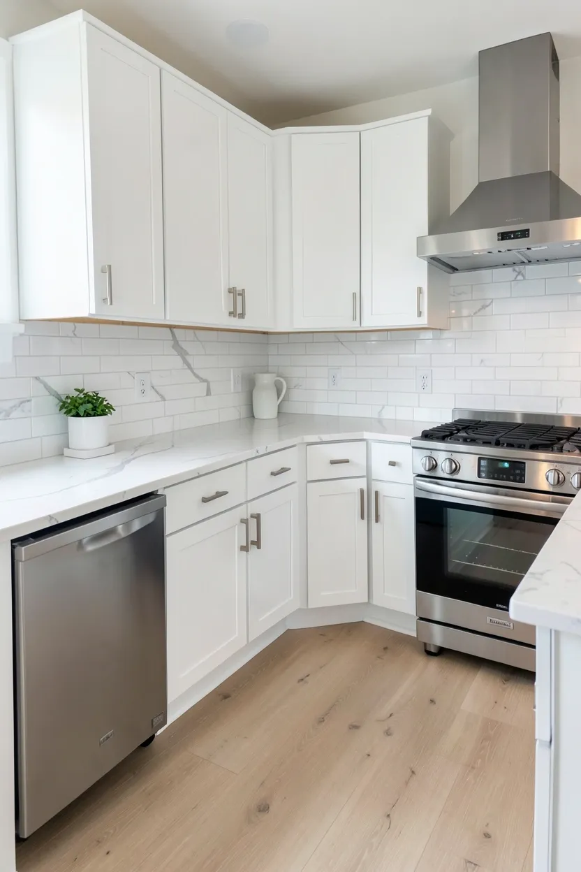 White quartz countertop with subtle wood-grain veining pattern beside white cabinets, providing natural warmth with low-maintenance durability