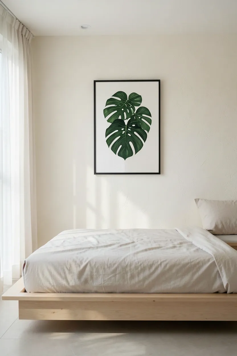Minimalist monstera botanical print in natural wood frame above bed in tropical Japandi bedroom