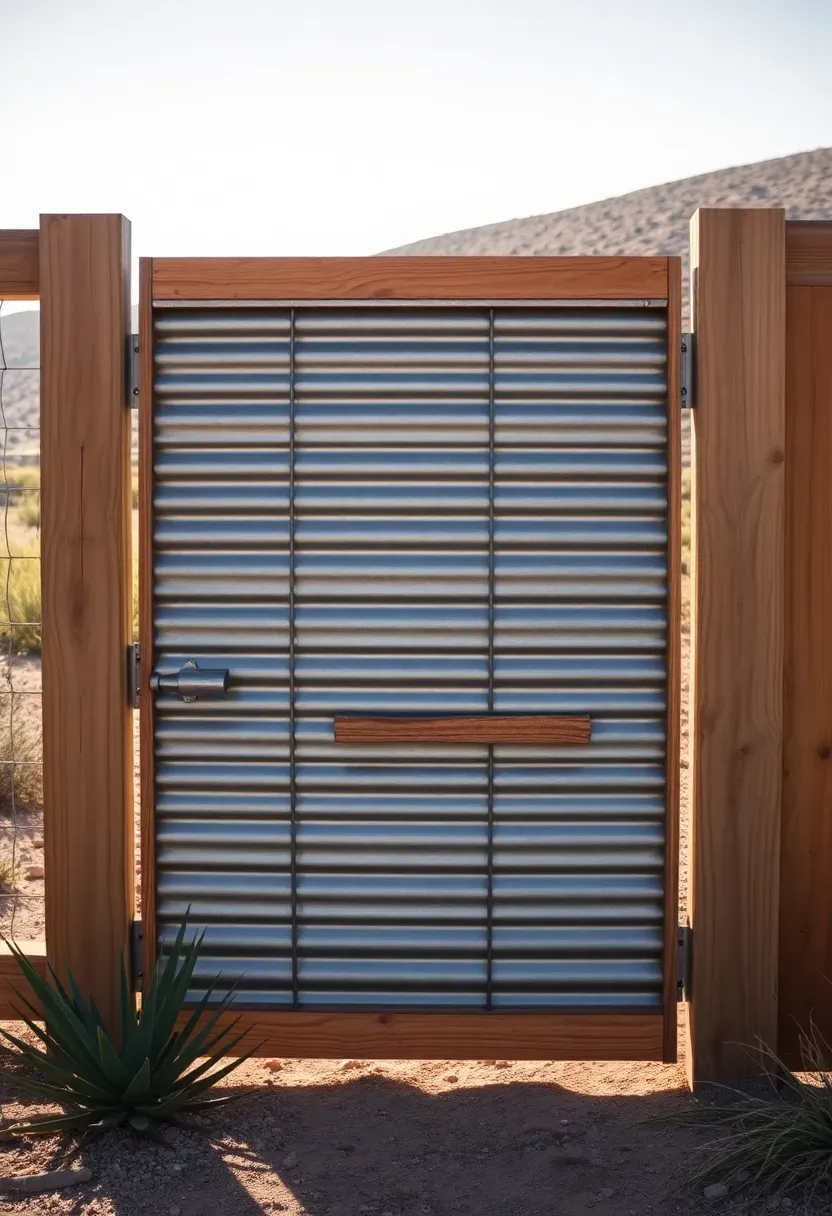 Industrial-style gate made from corrugated metal panels in a wooden frame with a steel handle in a modern backyard