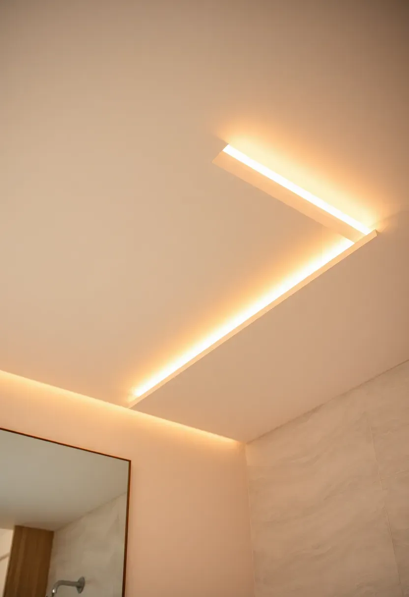 Bathroom ceiling with a continuous LED cove light recessed into a dropped soffit creating a warm ambient perimeter glow