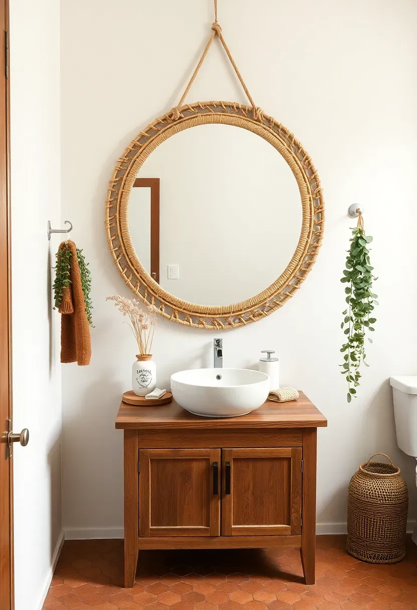 Round bathroom mirror wrapped in natural rattan hung above a wooden vanity with terracotta tile floor and a hanging eucalyptus bunch nearby