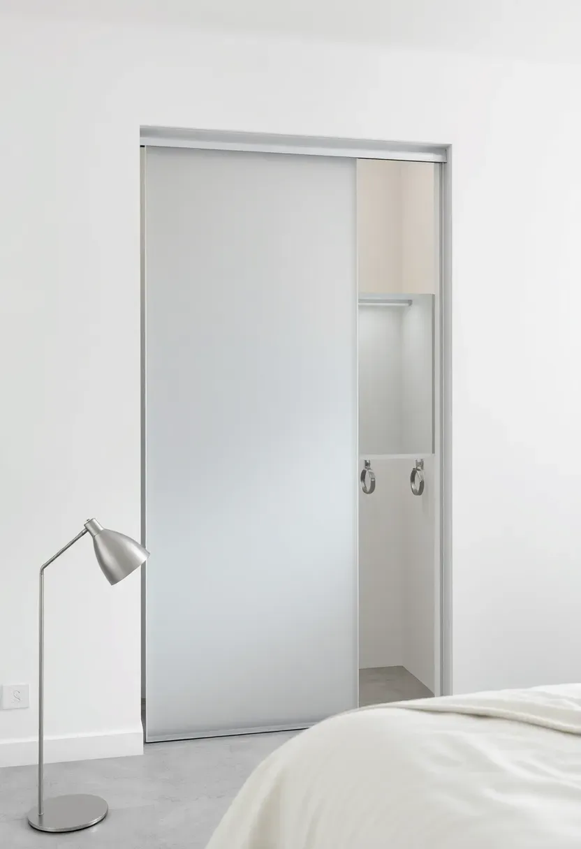 Sleek frosted glass sliding panel on a minimalist top-mount track covering a bedroom closet