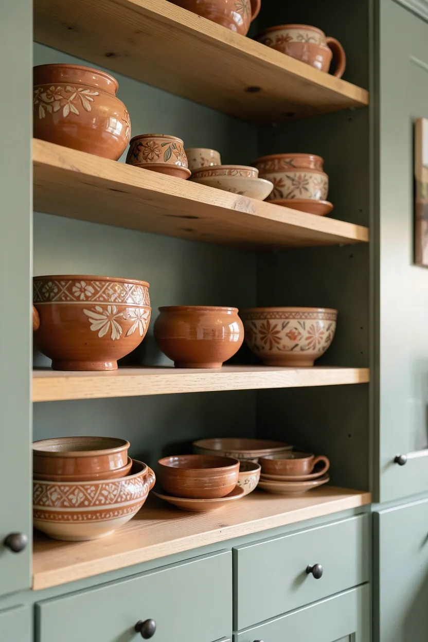Hand-painted ceramic bowls and mugs in earthy terracotta and blue tones displayed on open kitchen shelves in a boho interior