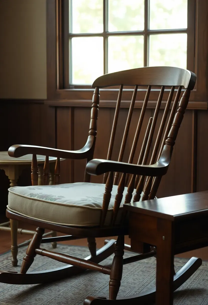 Vintage walnut rocking chair with cushioned seat and small side table in cozy parent bedroom nursery corner