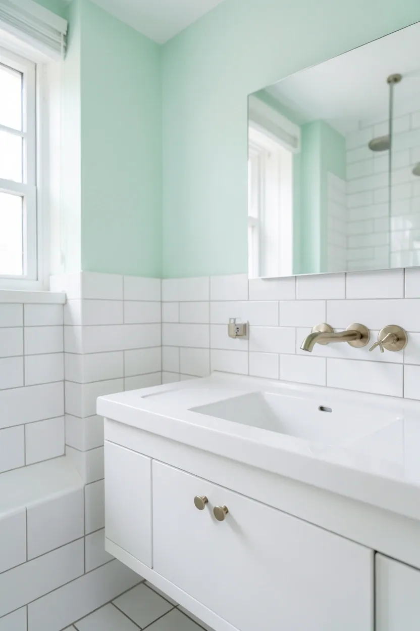Fresh rental bathroom with soft mint vanity, white subway tiles, and chrome fixtures — refreshing apartment bathroom color idea