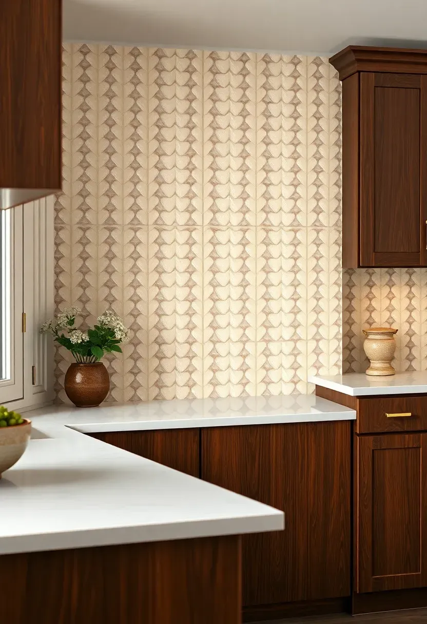 elongated cream picket tile backsplash arranged vertically in kitchen with dark walnut cabinets and light marble countertops