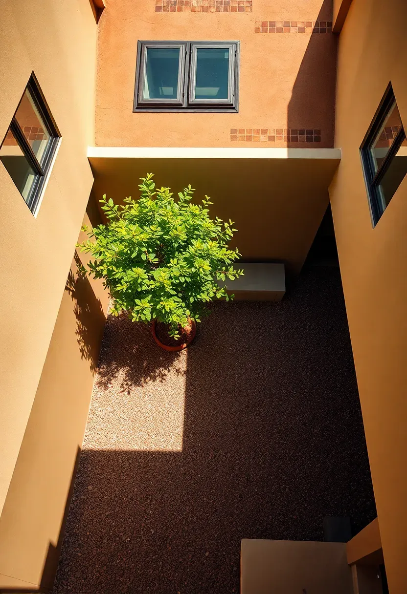 Aerial view of an L-shaped backyard ADU wrapping around a small private courtyard with decomposed granite ground cover, a citrus tree, and low bench seating
