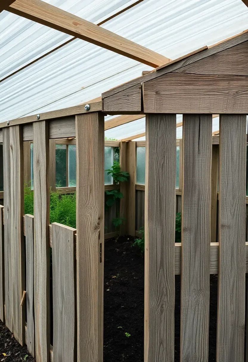 A rough-hewn greenhouse built from disassembled pallet wood with a corrugated polycarbonate roof in a backyard garden