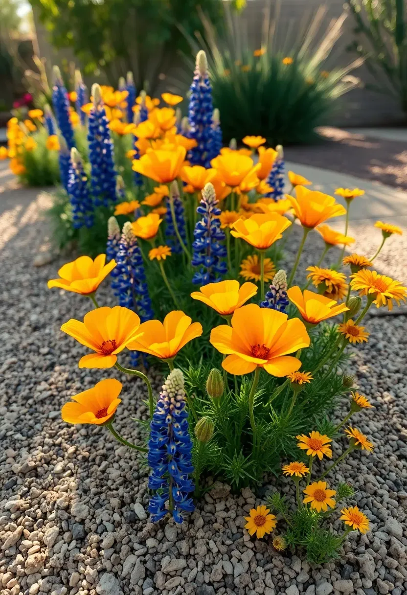 Vibrant desert wildflower border with Mexican gold poppies, blue lupine, and desert marigold along a decomposed granite path in an Arizona backyard