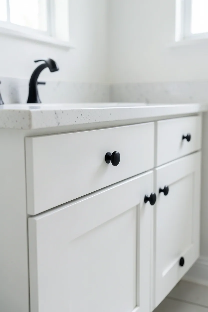 Navy blue painted bathroom vanity with updated matte black hardware in a rental apartment — dramatic budget makeover for under $60