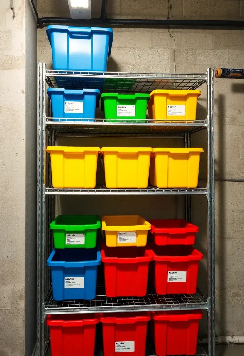 Basement shelving unit with color-coded storage bins in blue, green, yellow, and red organized by category with printed labels