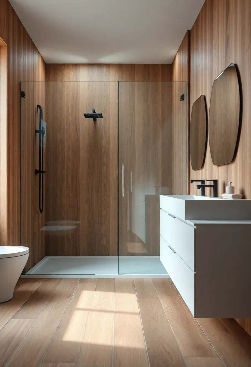 Wood-look porcelain plank tiles in a warm oak tone installed in a modern bathroom with a walk-in shower