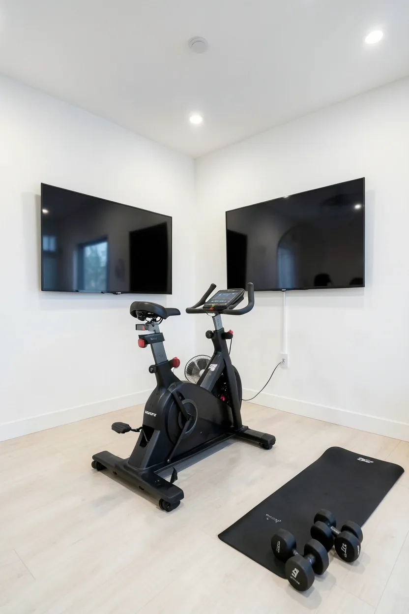 Multi-purpose room with a standing desk near the window for home office work and compact foldable gym equipment stored along the opposite wall