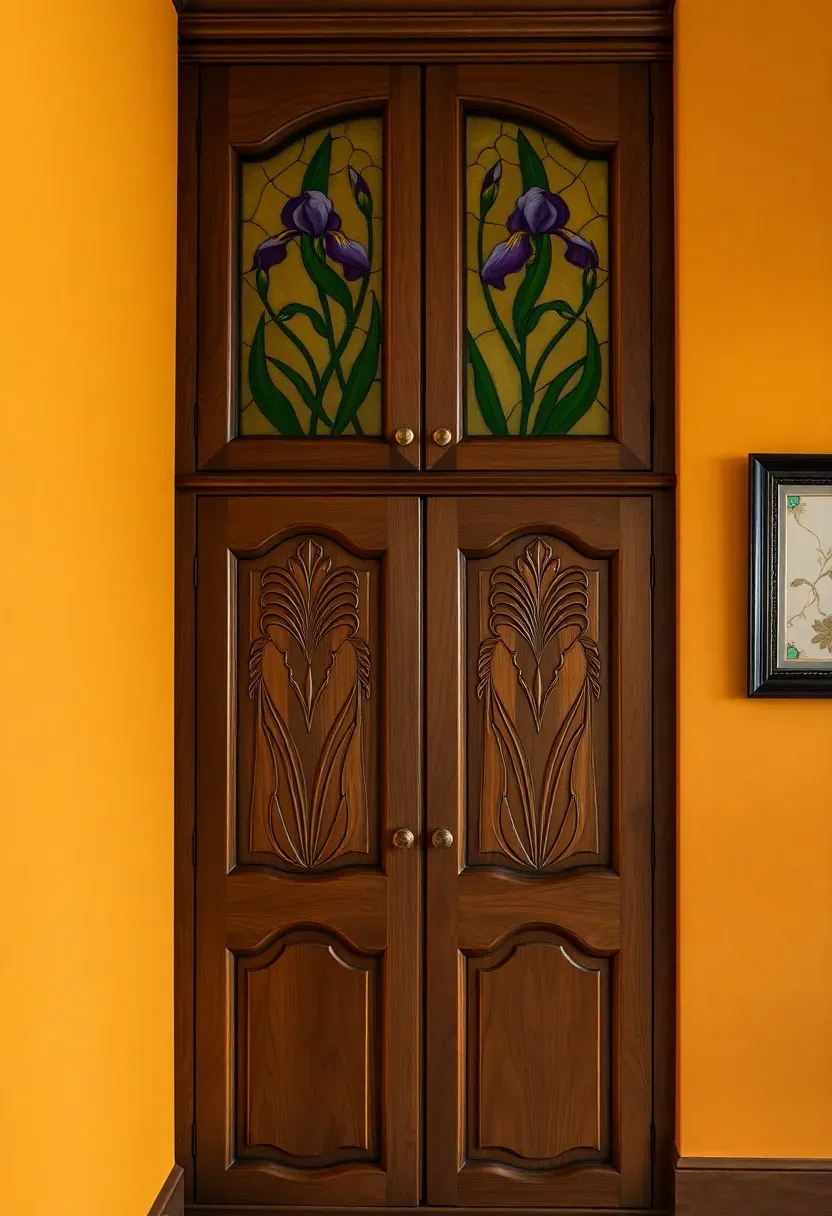 Curved wood built-in cabinetry in Art Nouveau style with carved door fronts and glass inserts