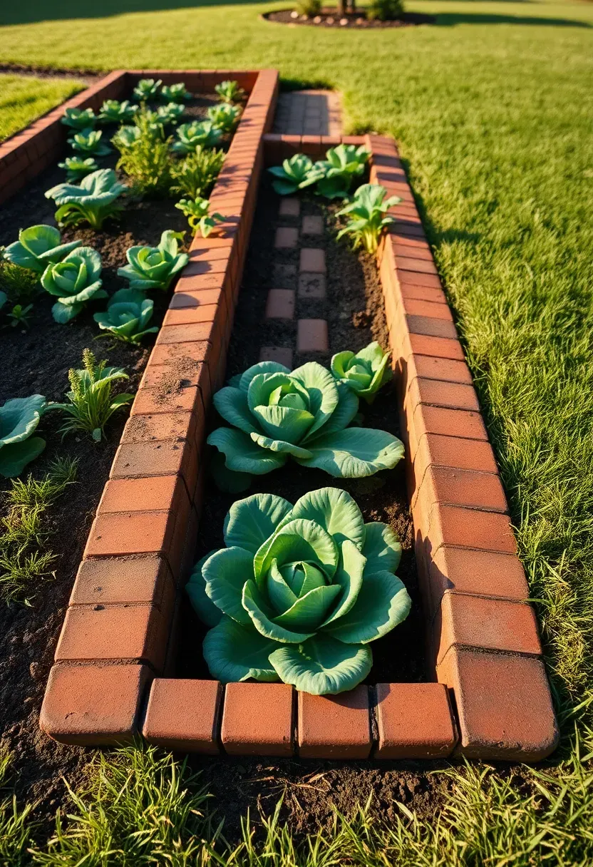Neatly dug sunken in-ground vegetable beds with brick edging at ground level and lush vegetable plants growing below grade