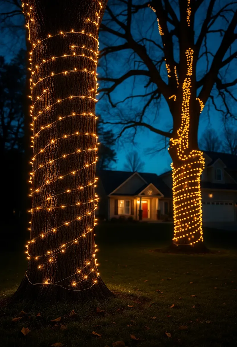 Hyper-realistic wide view of a residential front yard featuring two large mature deciduous trees with trunks wrapped in tight spiral patterns of warm white mini LED lights, creating glowing vertical columns against the dark evening sky. Materials: rough bark tree trunks, manicured grass, scattered fallen leaves, warm house lights visible in background, partial driveway visible. Natural evening darkness with warm golden light spiraling upward, cool blue ambient sky, shadows extending across lawn. Dramatic elegant mood like luxury resort holiday landscape. Shallow depth of field, sharp details on nearest trunk lights, balanced composition with house context, soft shadows, no text or watermarks.</p>