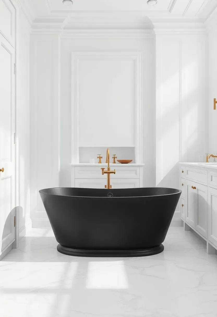 Matte black freestanding soaking tub with white walls and chrome fixtures — dramatic spa-like bathroom focal point